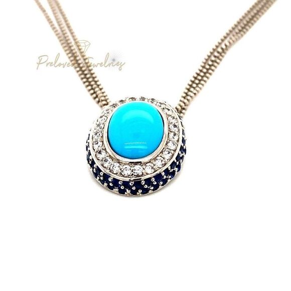 925 Turquoise/Cz/Sapphire Oval Pendant Necklace - Picture 3 of 11